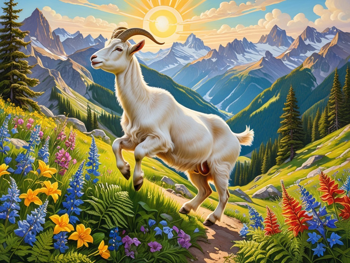 White Goat Leaping in a Colorful Meadow Landscape