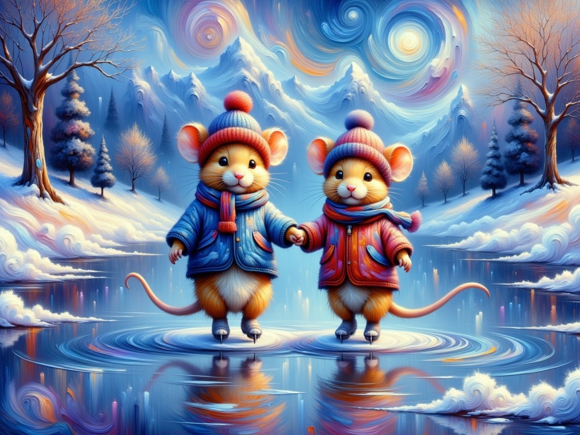 Whimsical Winter Landscape with Skating Mice