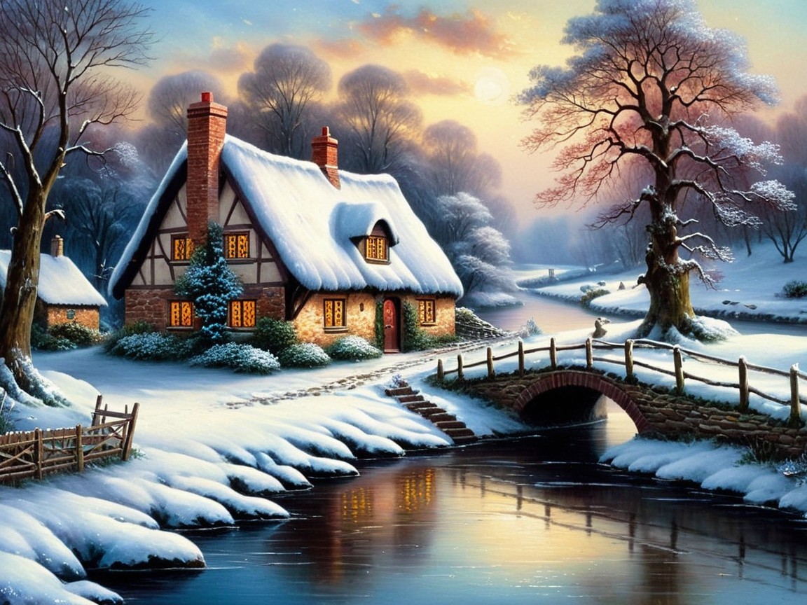 Charming Cottage in a Snowy Winter Landscape