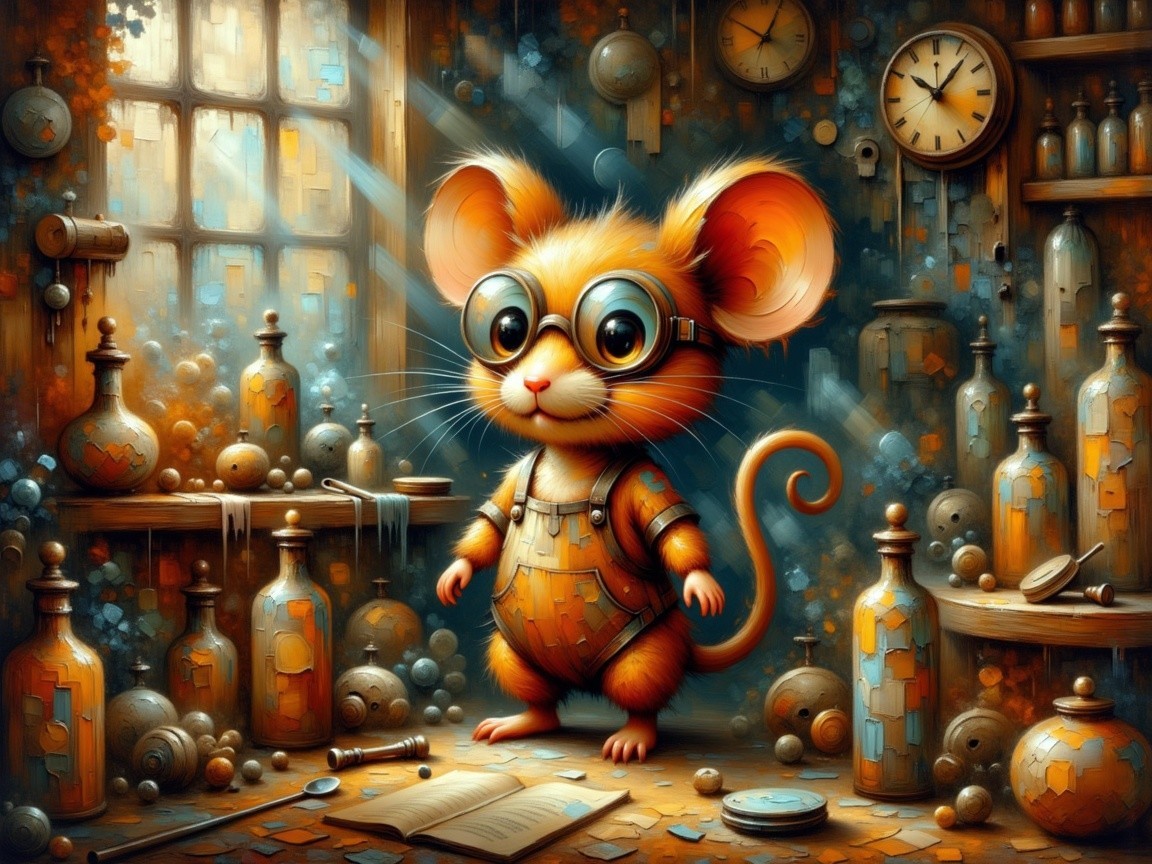 Cheerful cartoon mouse in whimsical laboratory setting
