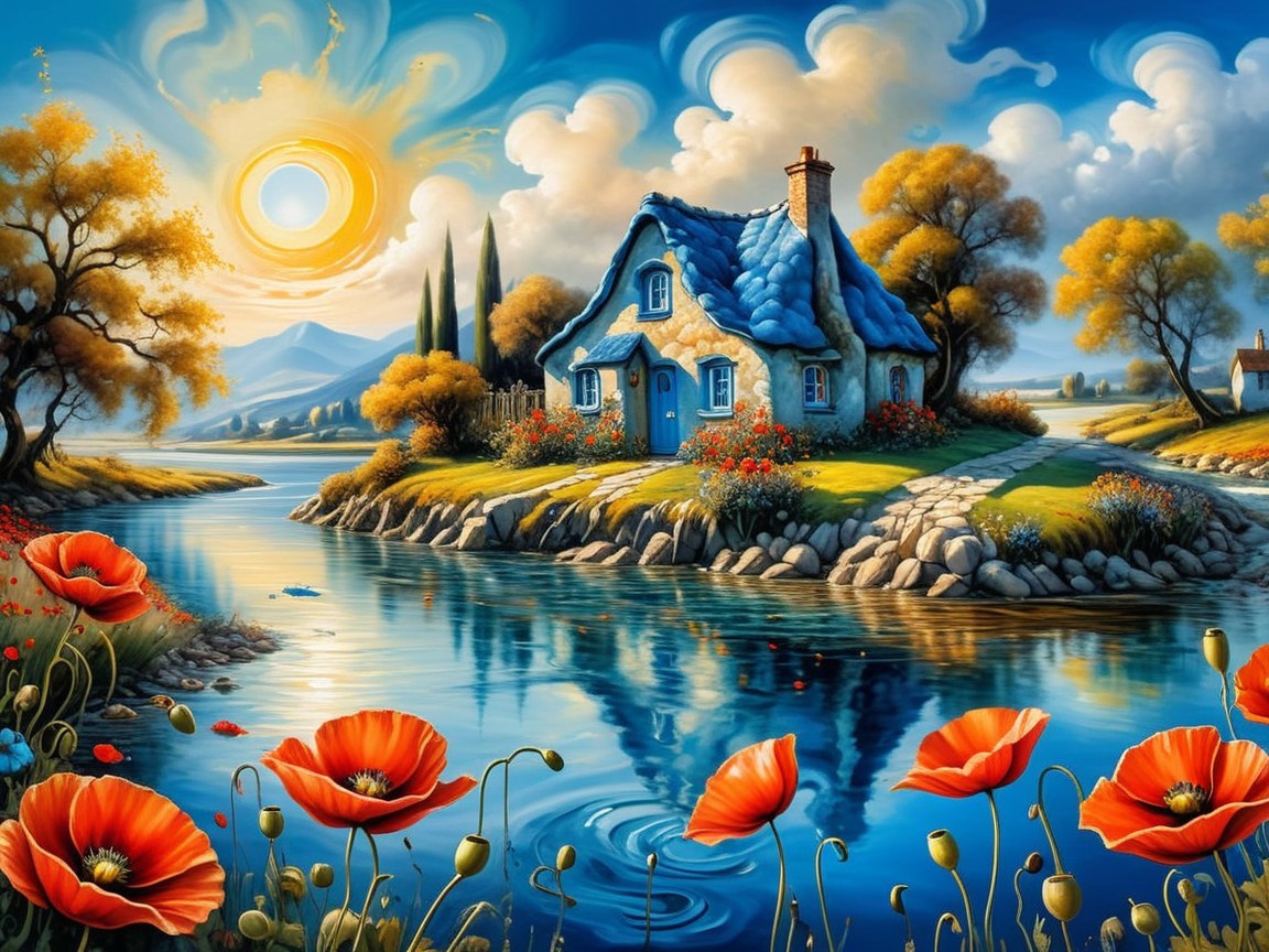 Charming Blue-Roofed Cottage by Tranquil River Scene
