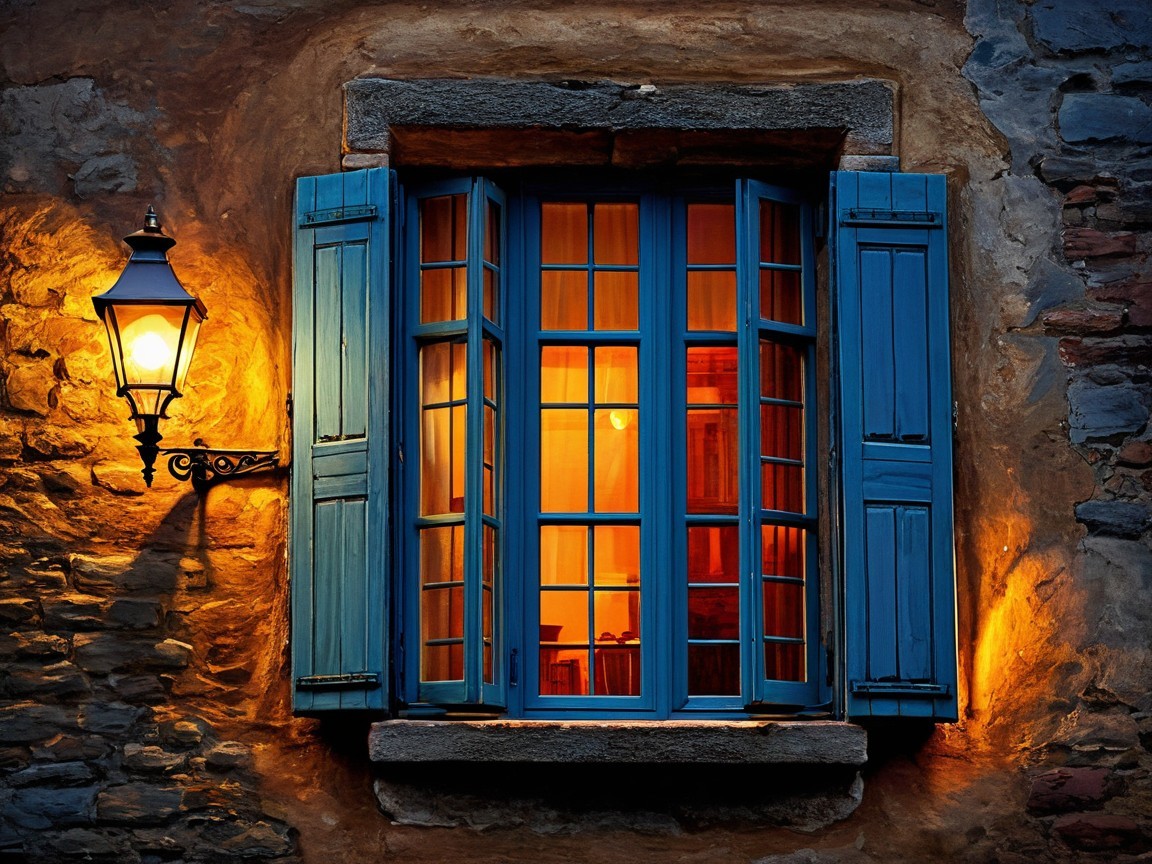 Charming window with blue shutters and vintage lantern