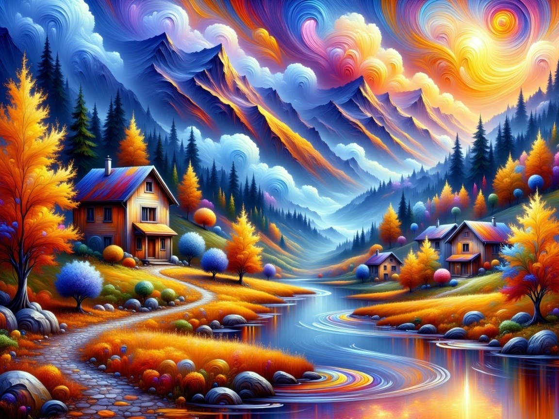 Vibrant Landscape with Sunset, River, and Autumn Trees