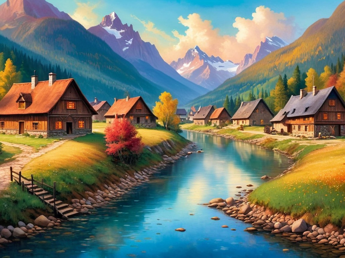 Charming Wooden Houses by a Serene River Landscape