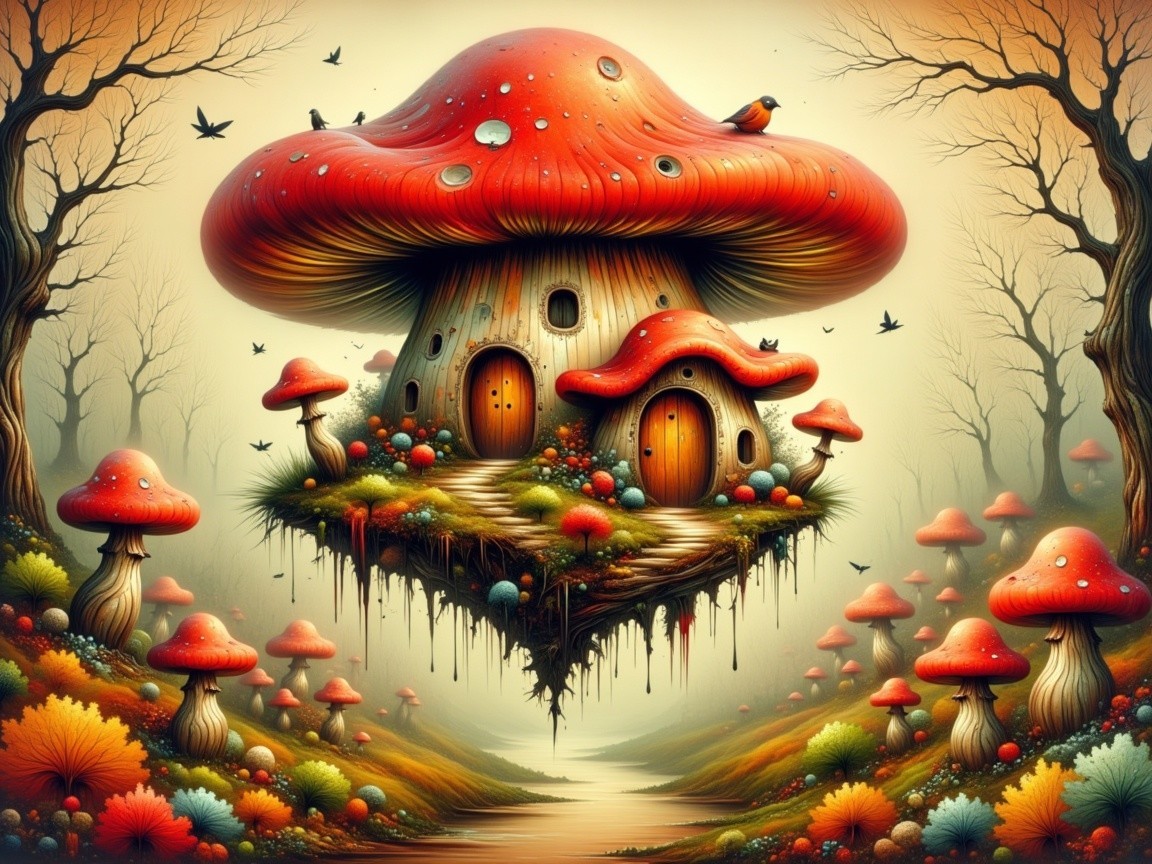Whimsical Mushroom House in a Serene Landscape