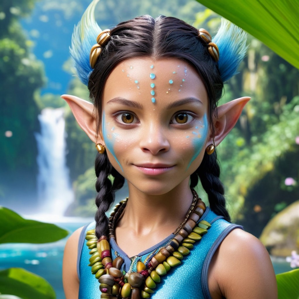 Young Character with Blue Markings in Tropical Setting