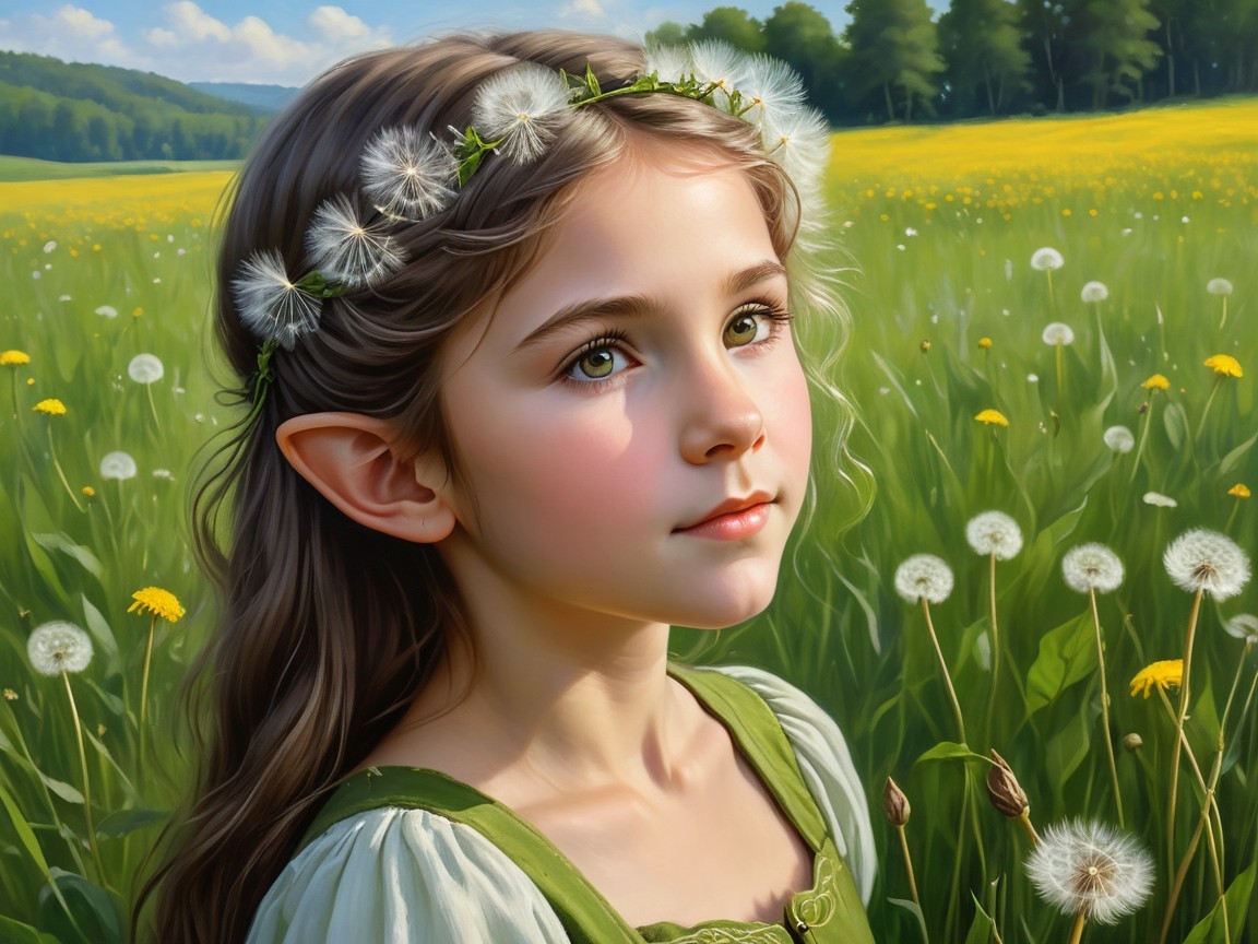Young girl in green dress in sunlit meadow