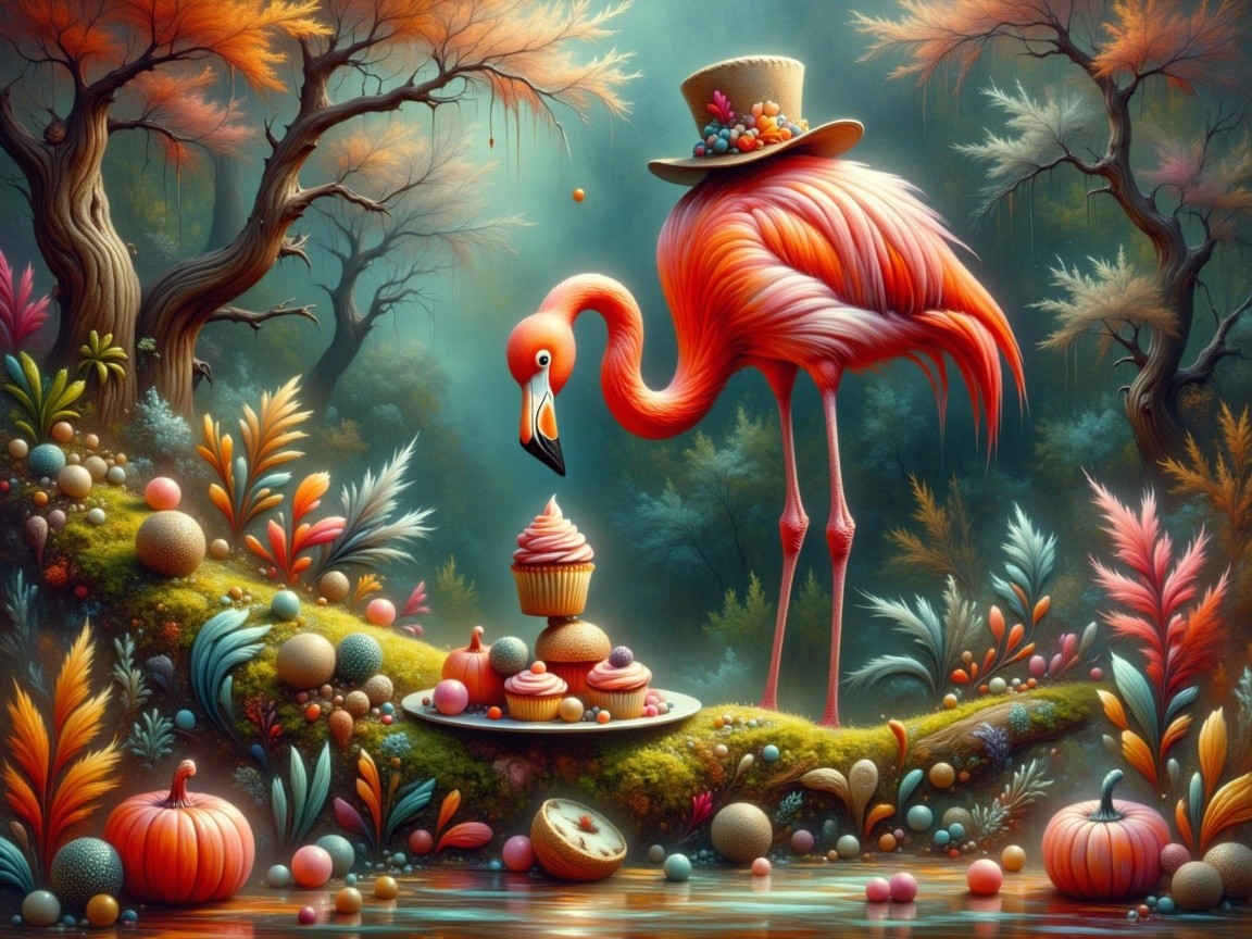 Autumn Landscape with Flamingo and Colorful Cupcakes