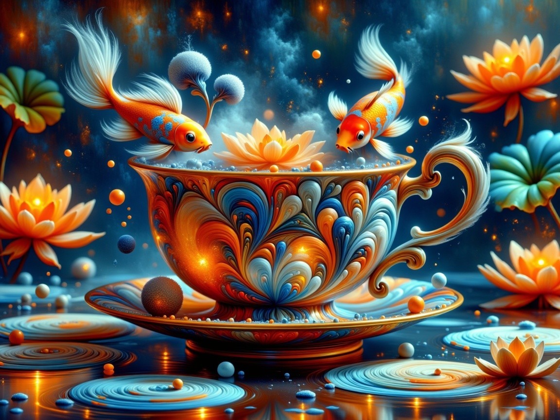 Surreal Teacup with Goldfish and Luminous Water Lilies