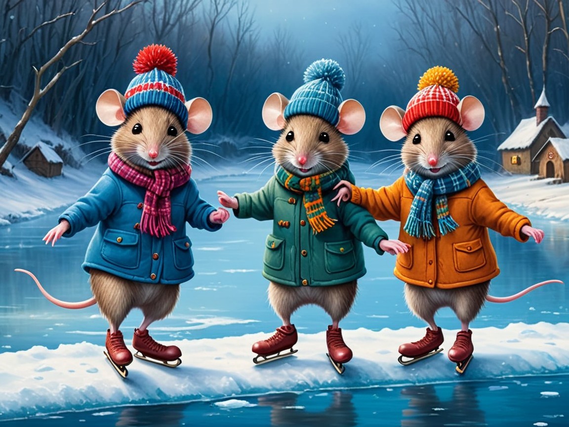 Cheerful mice skating on a frozen lake in winter attire