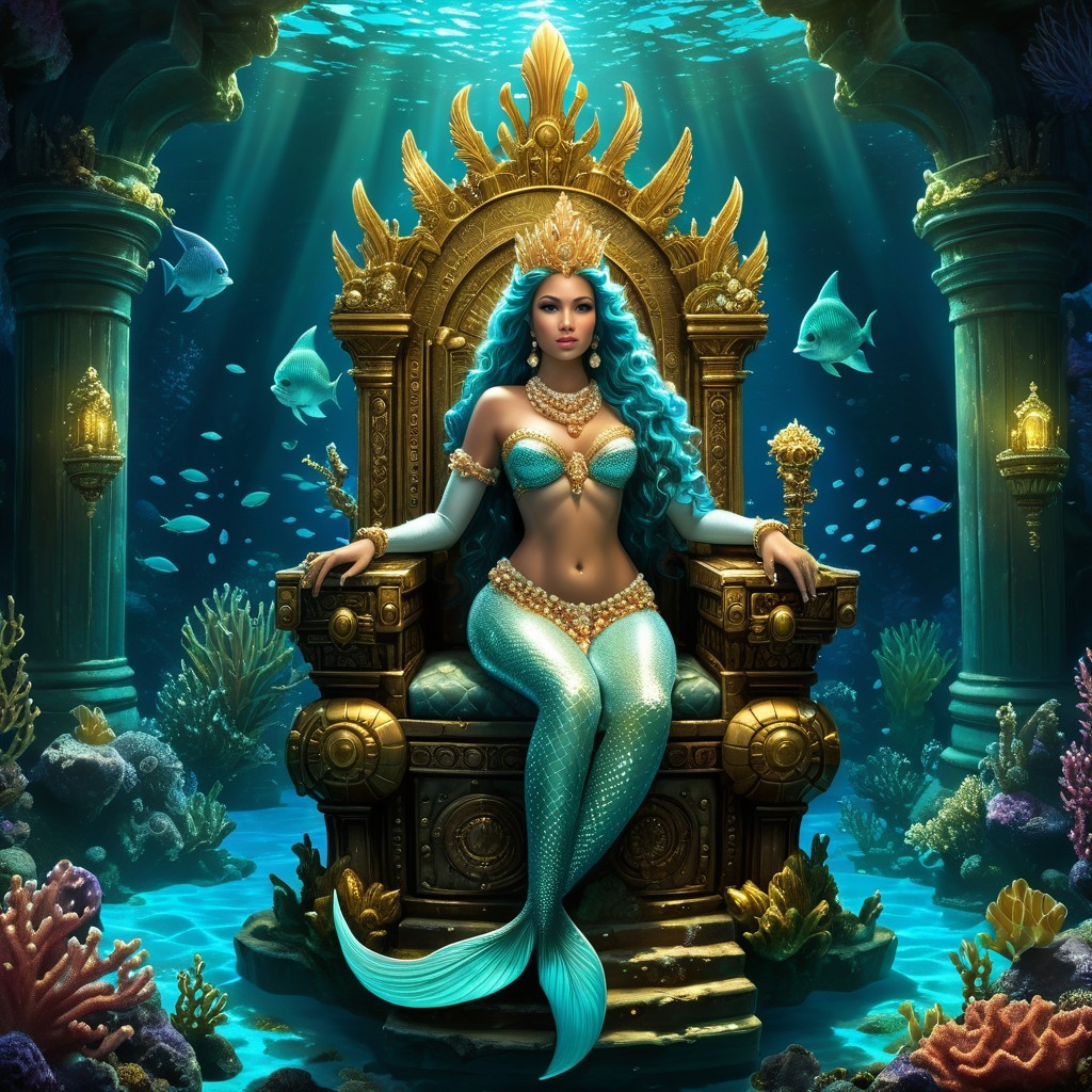 Regal mermaid on golden throne in vibrant coral reef