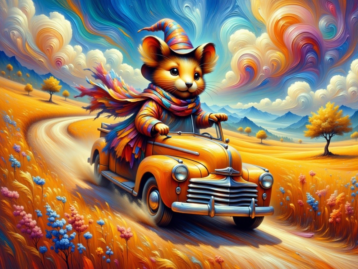 Cheerful Mouse in Vintage Car on Colorful Road