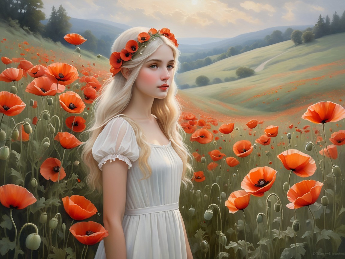 Serene Landscape with Vibrant Poppies and Woman