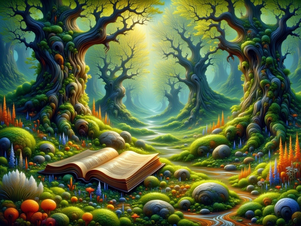 Enchanted Forest with Twisted Trees and Open Book