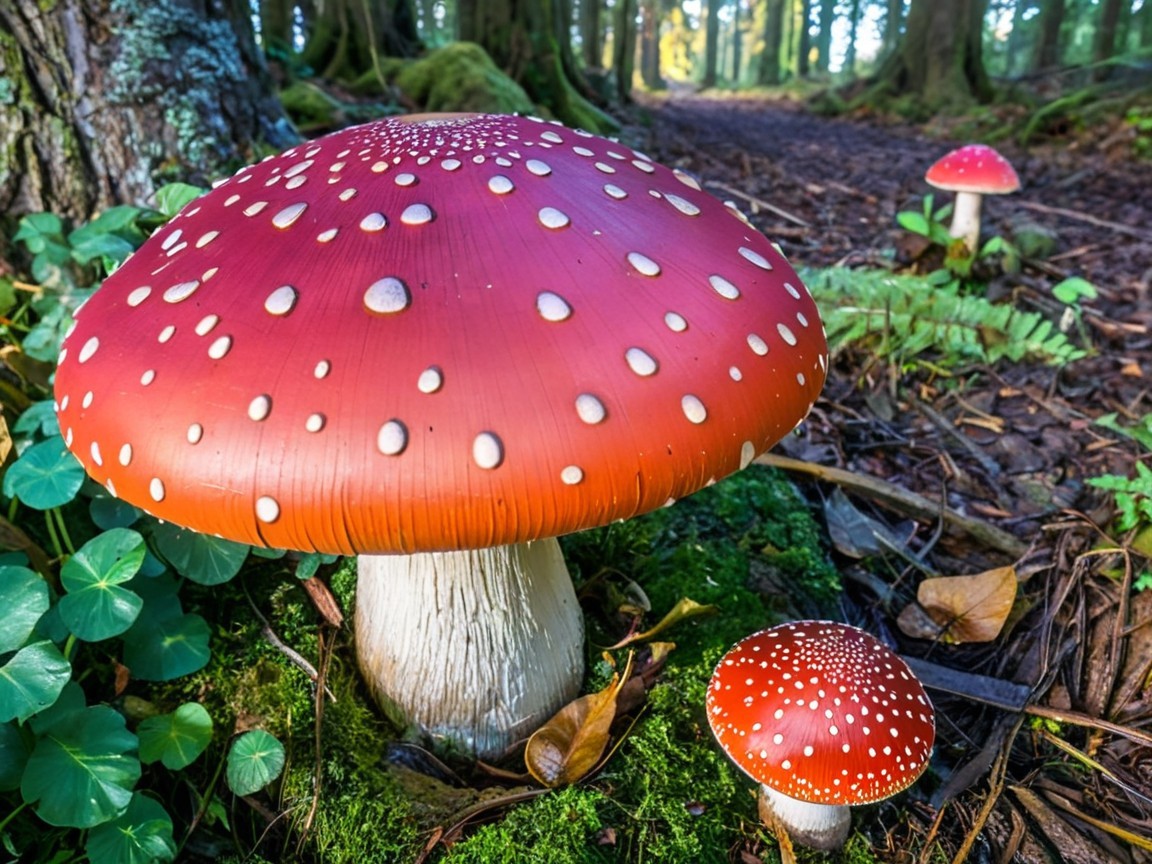 Vibrant Toadstools in a Lush Forest Setting