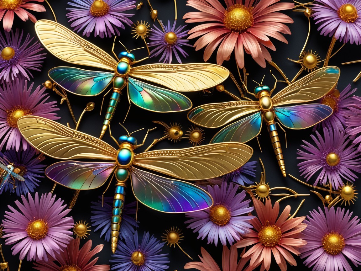 Golden Dragonflies and Colorful Flowers on Dark Surface