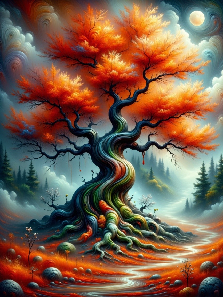 Majestic tree with vibrant leaves in tranquil landscape