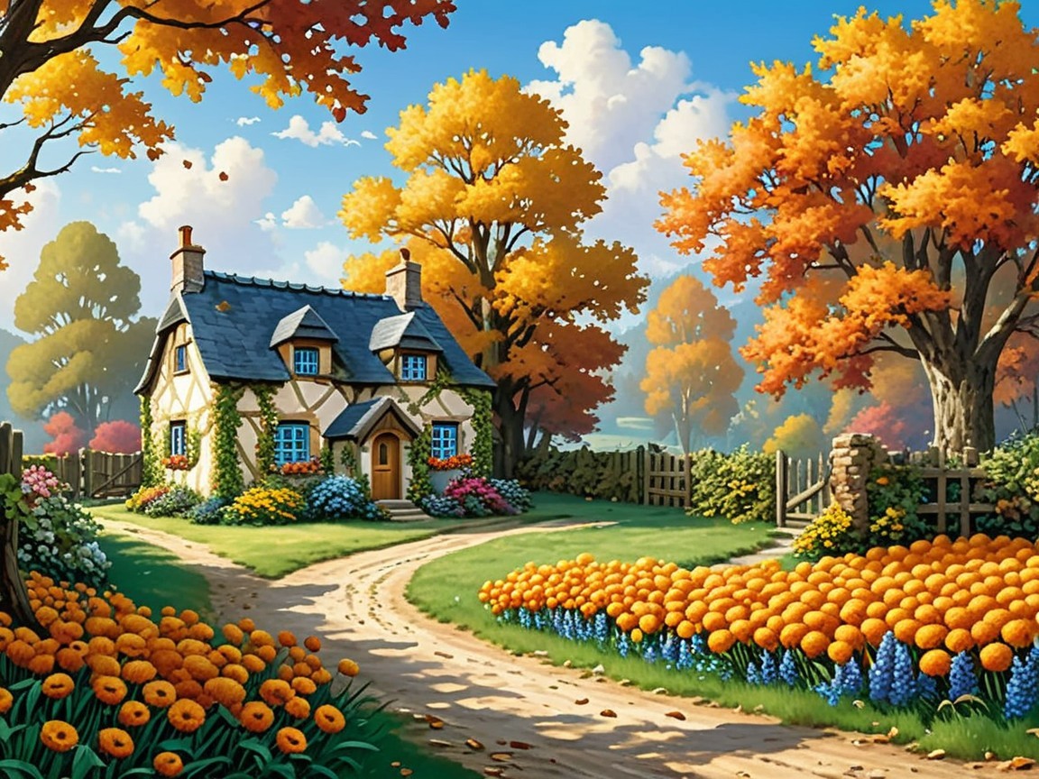 Cottage in Vibrant Autumn Landscape with Colorful Trees