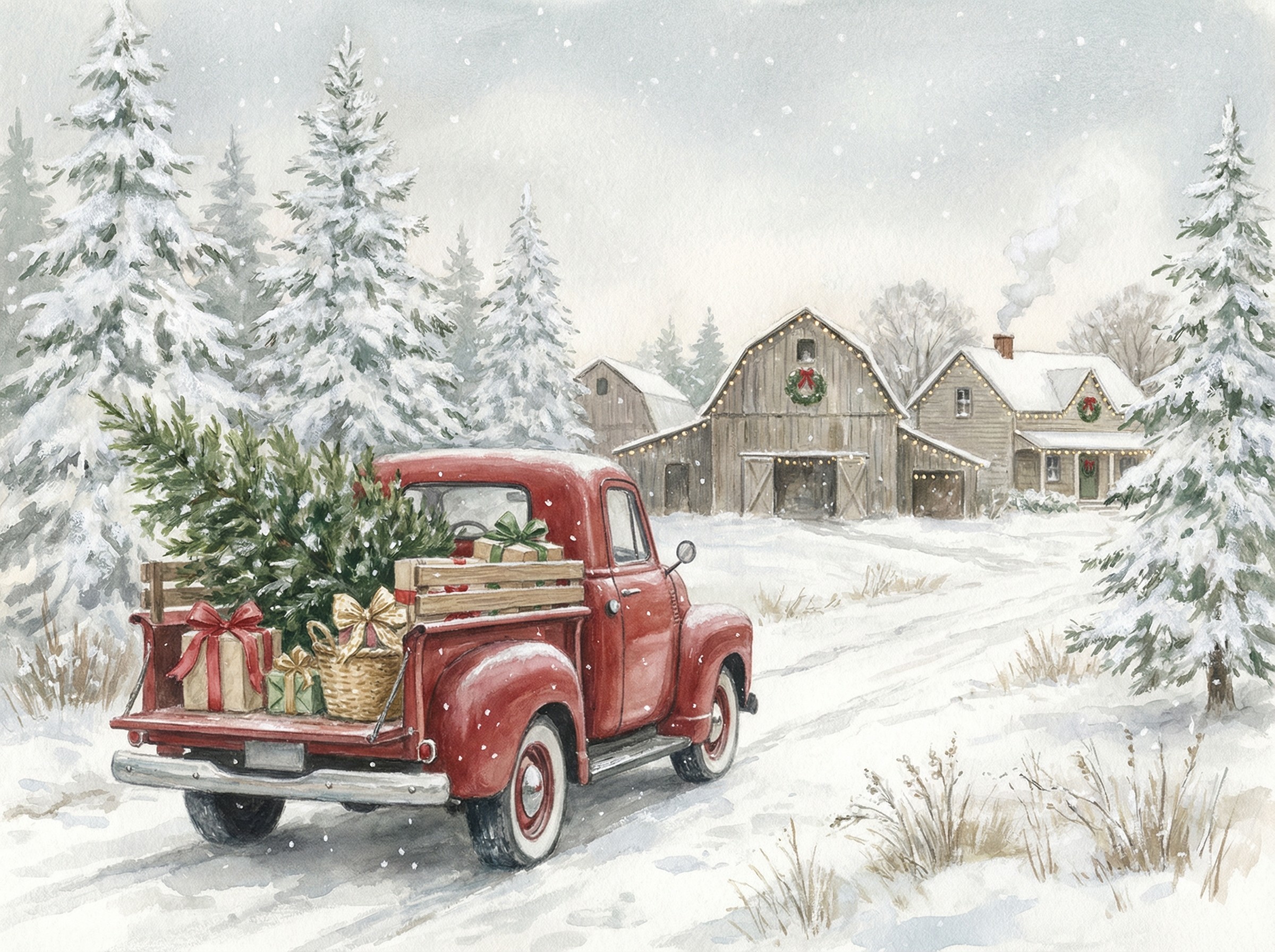 Winter Scene with Vintage Truck and Snowy Landscape