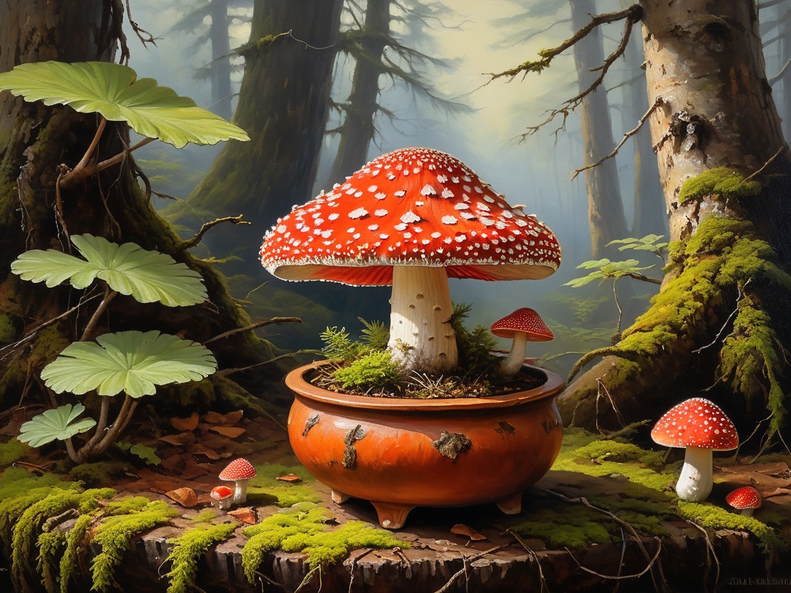 Red Mushroom in Terracotta Pot Surrounded by Moss