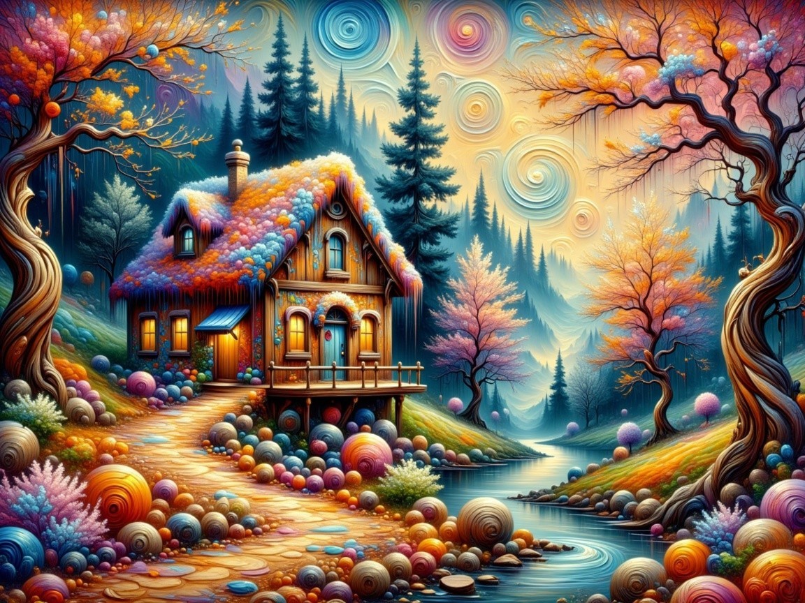 Whimsical Cottage by Serene River with Colorful Sky