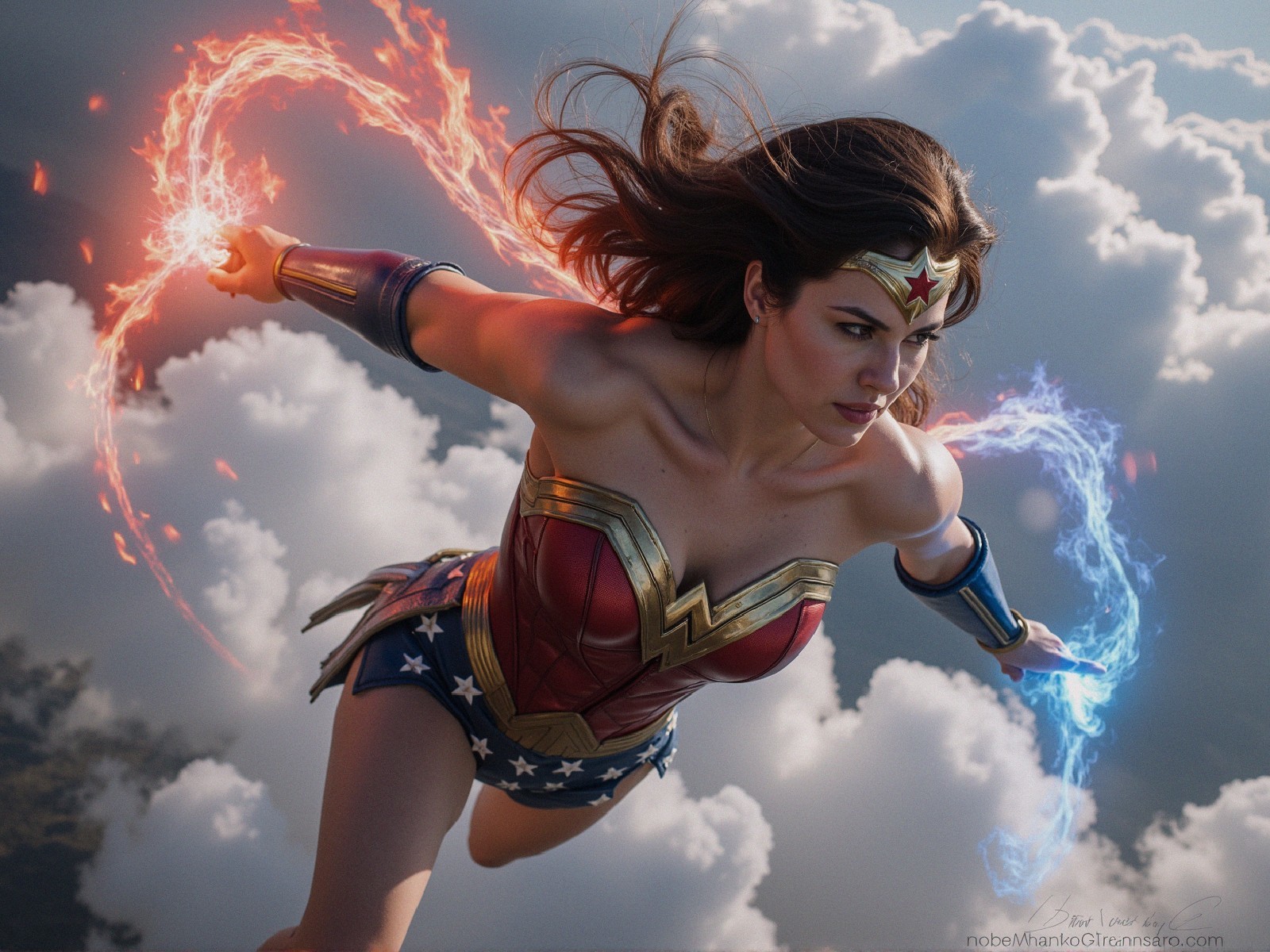 Superheroine in Red and Blue Costume Flying in Sky