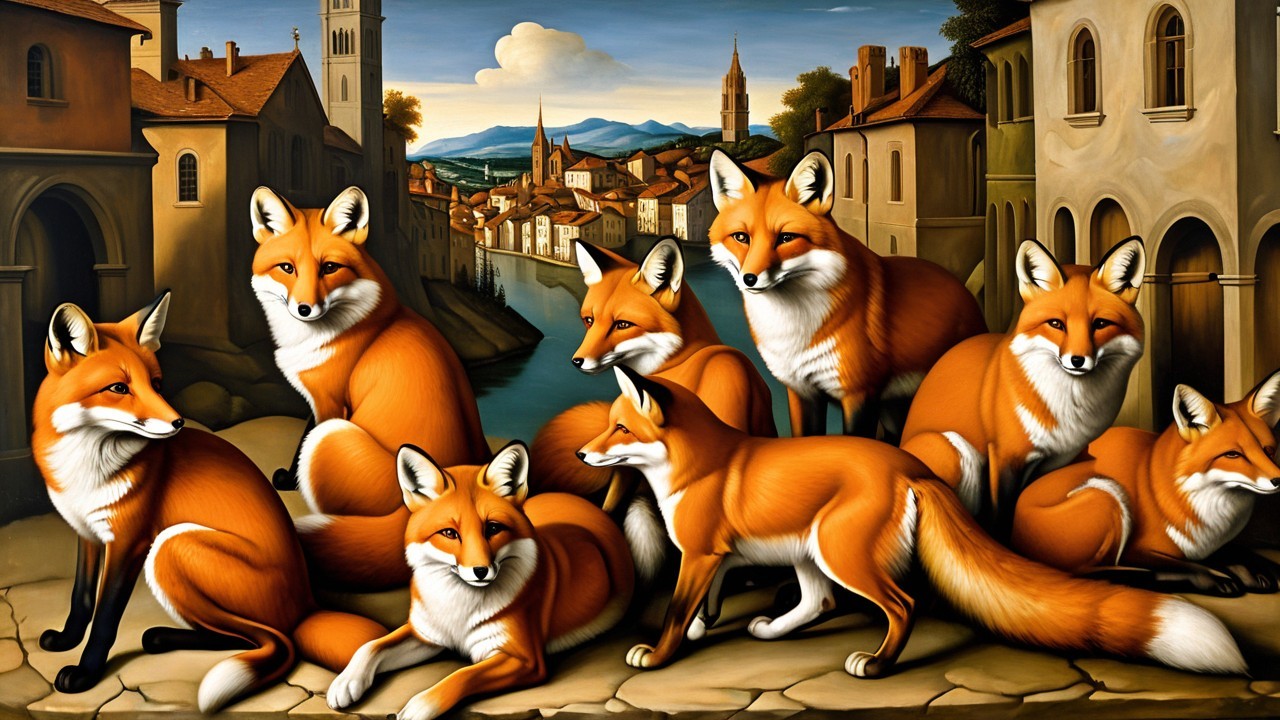 Serene riverside scene with nine foxes on path