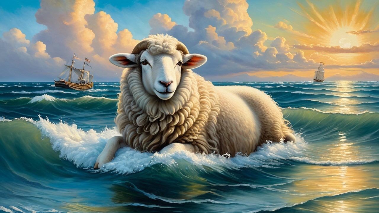 Fluffy sheep on waves with sunset and sailing ships