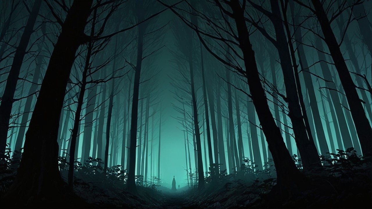 Eerie Misty Forest with Shadowy Figure and Trees
