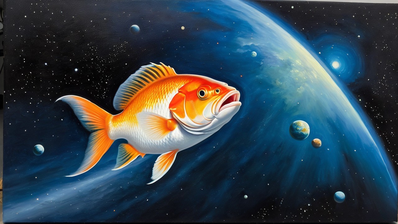Colorful Goldfish Swimming in a Cosmic Scene