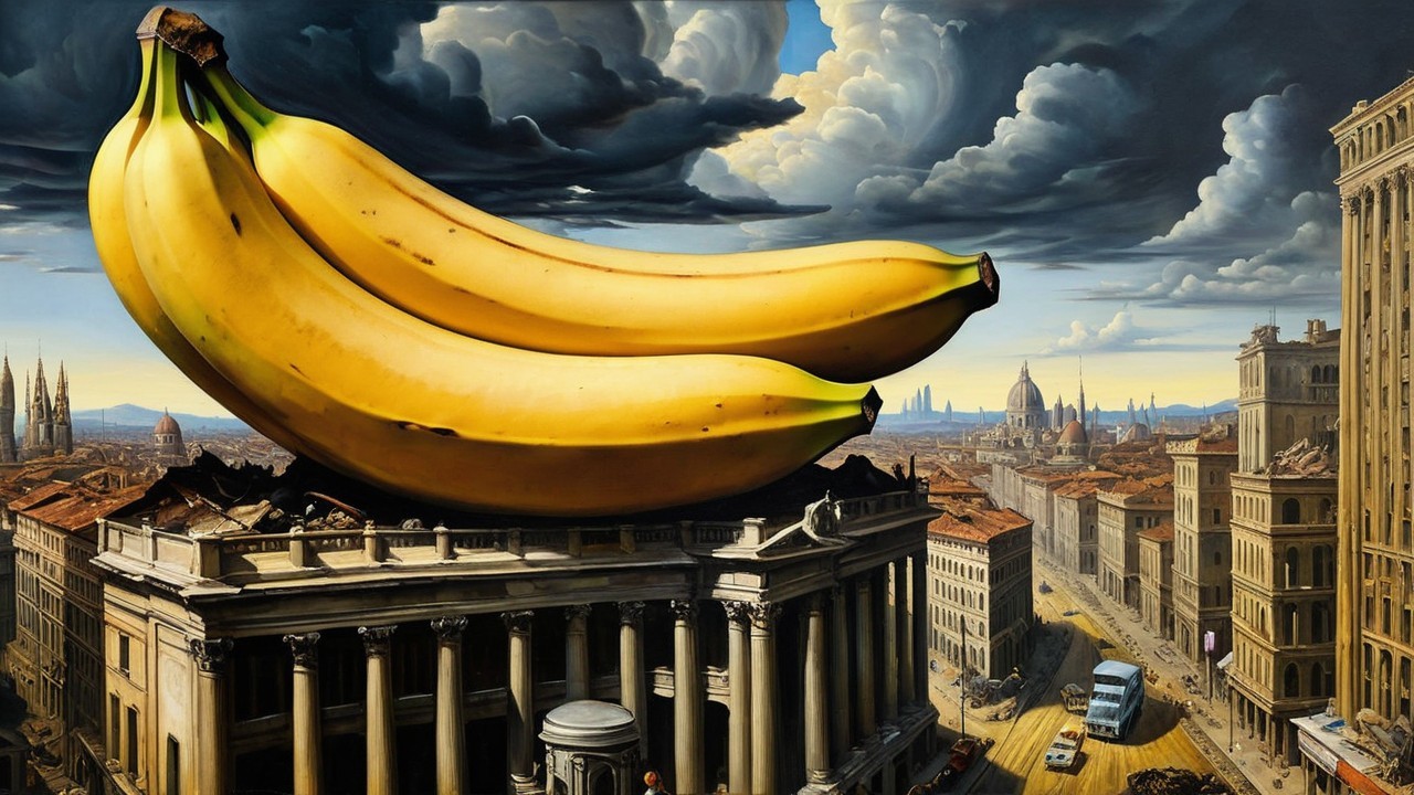 Surreal Landscape with Giant Yellow Bananas and Cityscape