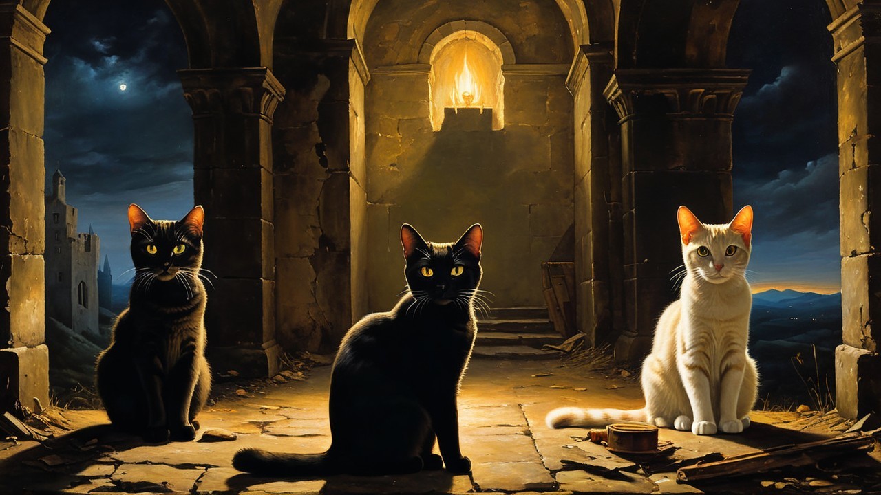 Mystical Scene with Cats in Dim Stone Chamber
