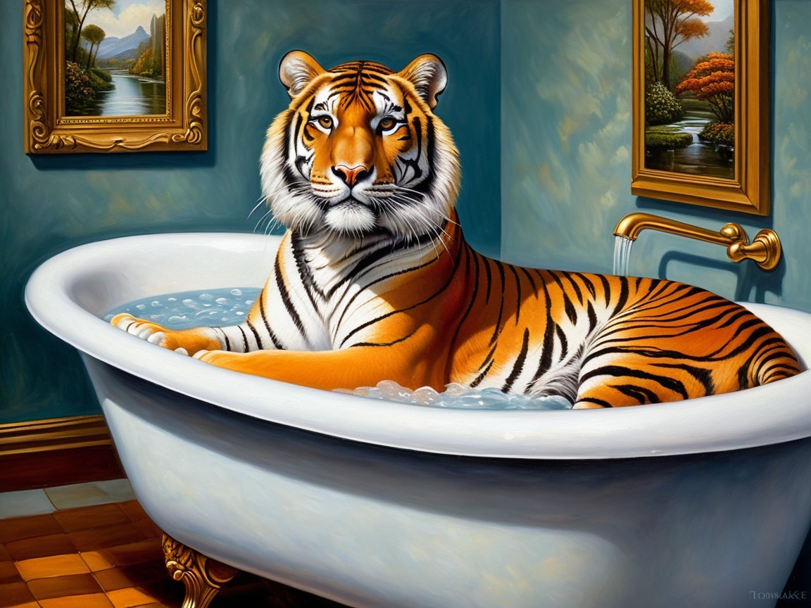 Surreal Scene of a Tiger in a Bathtub Setting