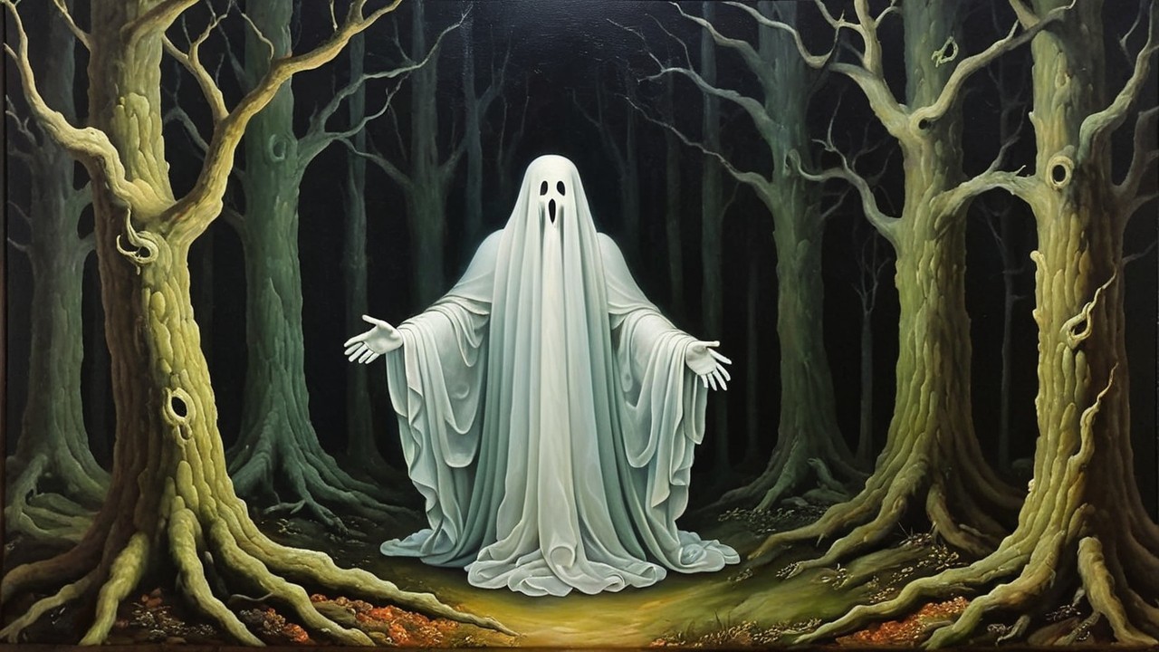 Ghostly Figure in Dark Forest with Twisted Trees