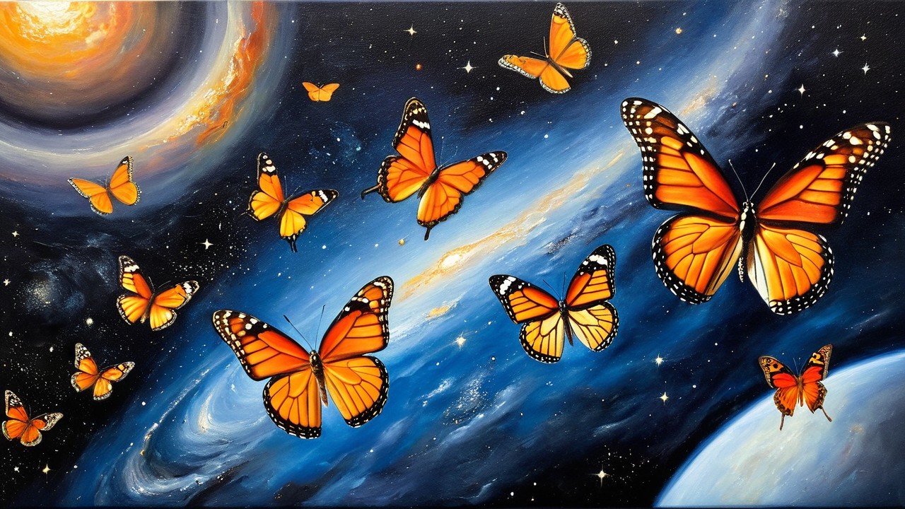 Cosmic Scene with Orange Butterflies in Starry Space