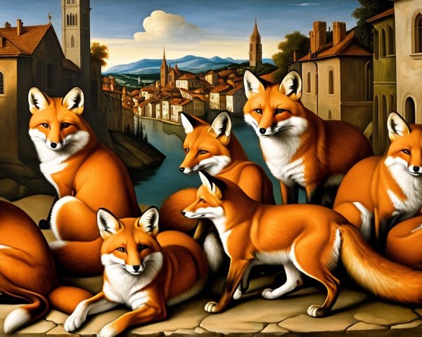 Serene riverside scene with nine foxes on path