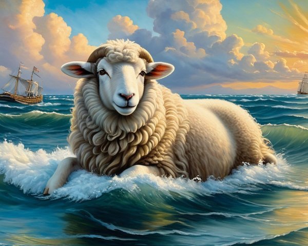 Fluffy sheep on waves with sunset and sailing ships