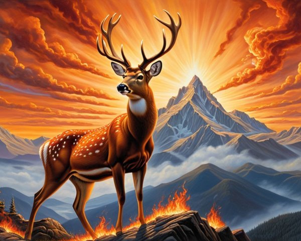 Majestic stag on rocky outcrop against vibrant sky