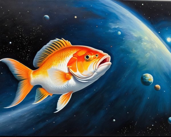 Colorful Goldfish Swimming in a Cosmic Scene