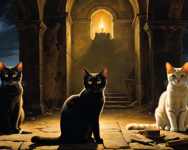 Mystical Scene with Cats in Dim Stone Chamber