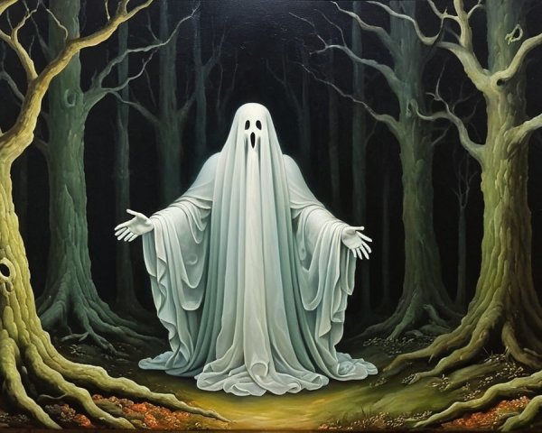 Ghostly Figure in Dark Forest with Twisted Trees