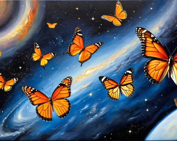 Cosmic Scene with Orange Butterflies in Starry Space