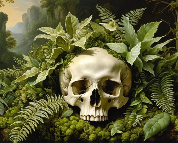 Realistic Skull Surrounded by Lush Greenery and Mountains