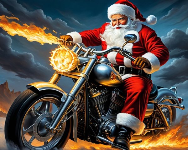 Santa Claus on a motorcycle with fiery exhaust in mountains