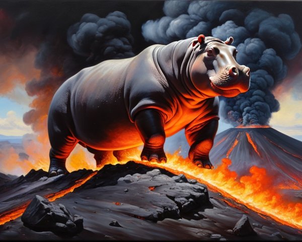 Giant Hippopotamus on Volcanic Landscape with Lava