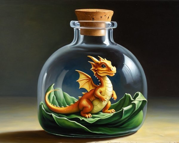 Orange Dragon in Glass Bottle on Green Leaf