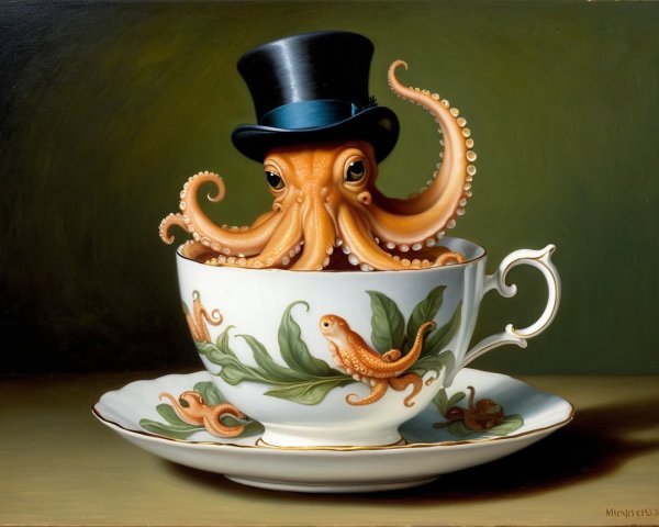 Whimsical Orange Octopus in Elegant Teacup Painting