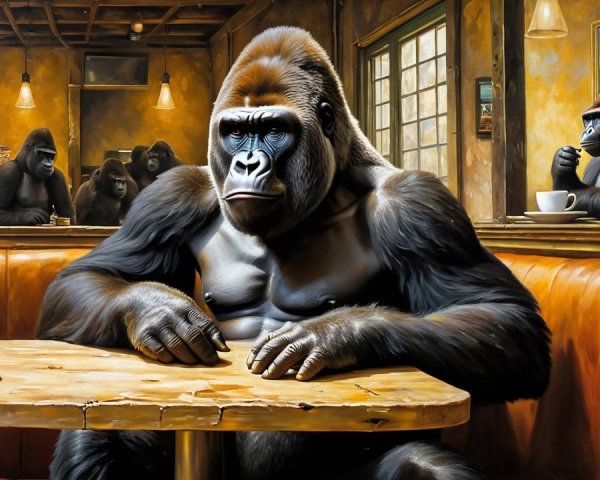 Gorilla in Cozy Café Setting with Rustic Ambiance