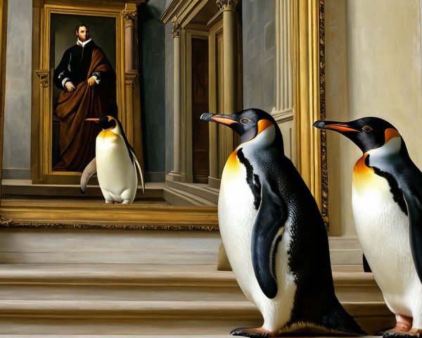 Penguins Observing Classical Portrait in Gallery Setting