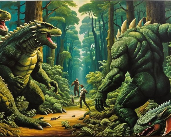 Dinosaurs Confront Figures in a Dense Forest Scene